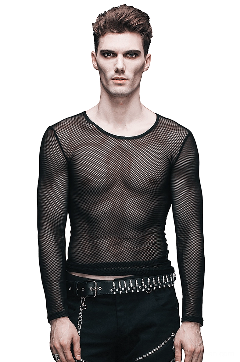 Black mesh long-sleeve gothic top front view on male model, crew neck see-through steampunk style