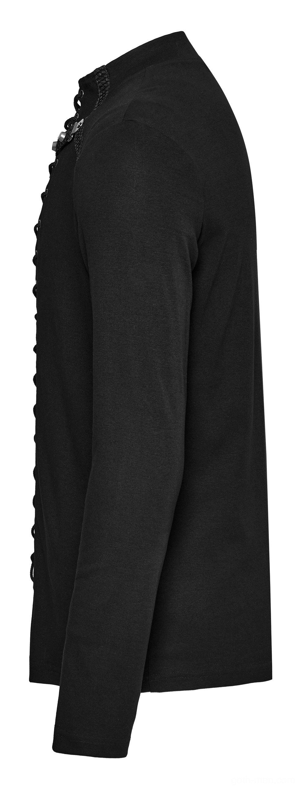 Side flat lay view of black gothic mesh long sleeve top showing fitted silhouette