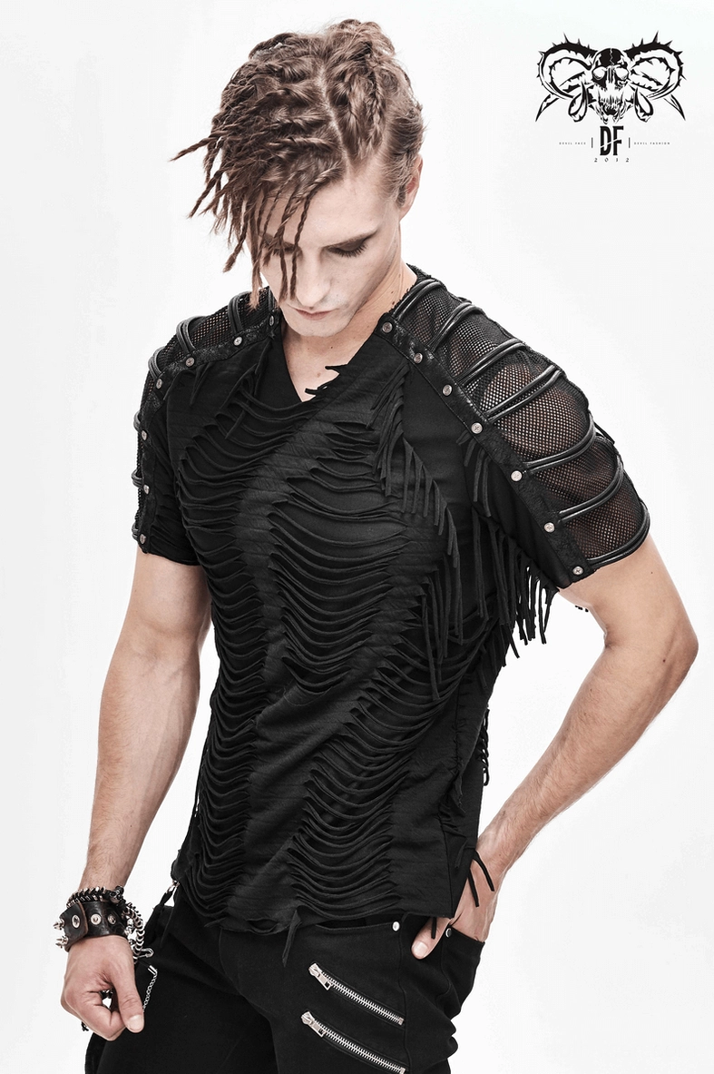 Black gothic mesh stud fringe t-shirt lifestyle wear - demonstrating distressed aesthetic and industrial punk fashion styling