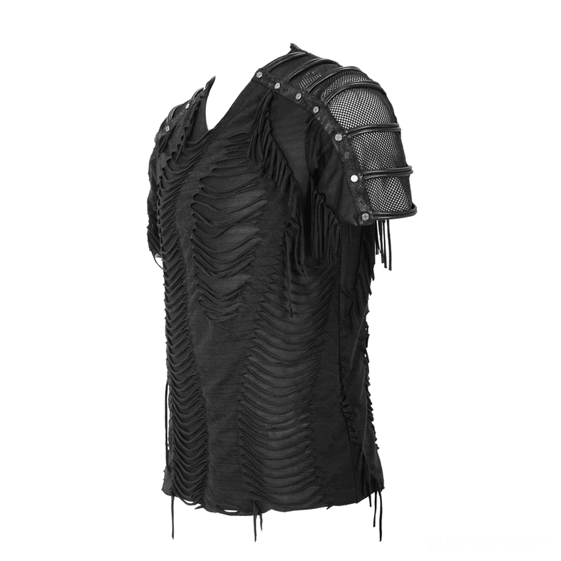 Black gothic fringe t-shirt three-quarter view flat lay - asymmetrical mesh shoulder panels with shredded front and fringe accents