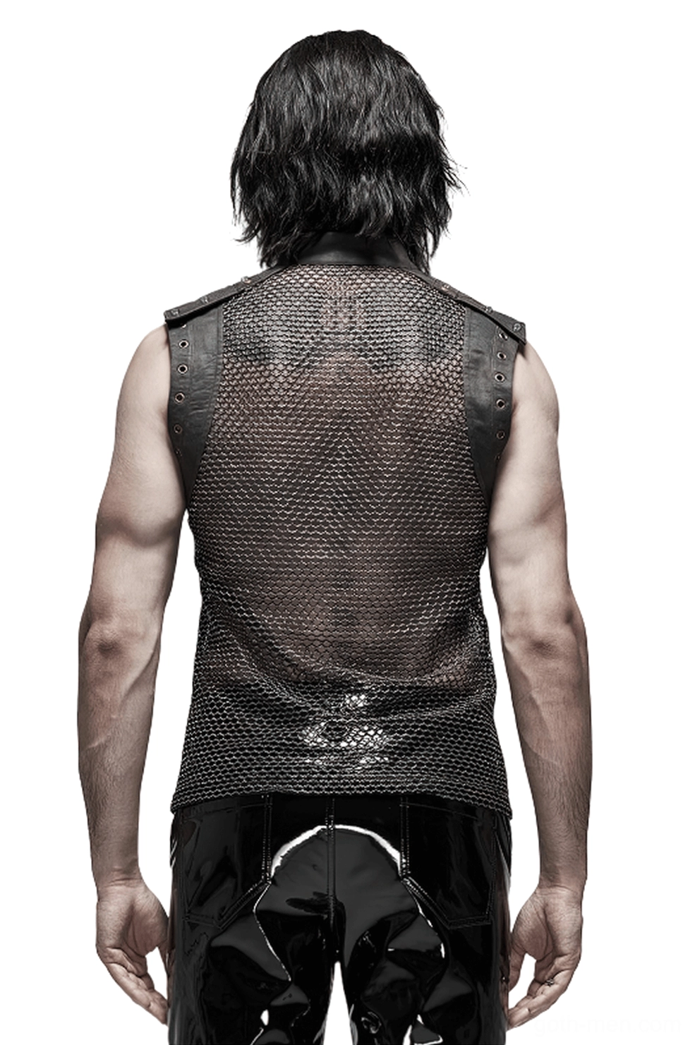 Rear view of men's gothic mesh sleeveless tank showcasing sheer mesh back, leather shoulder panels and studded details