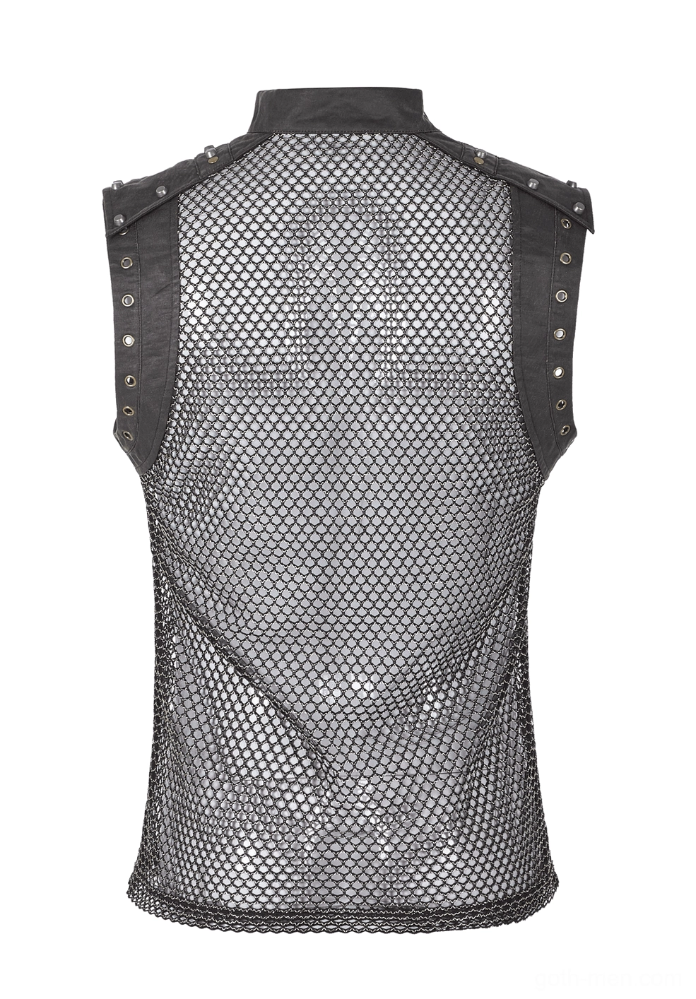 Back flat lay of men's gothic mesh tank showing studded leather shoulders, mesh back construction and stand collar