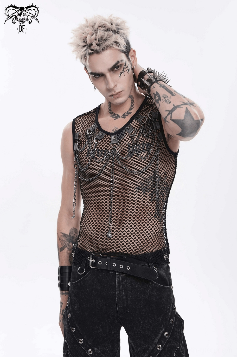 Gothic mesh tank top detail view of chain draping and studded strap placement on black fabric
