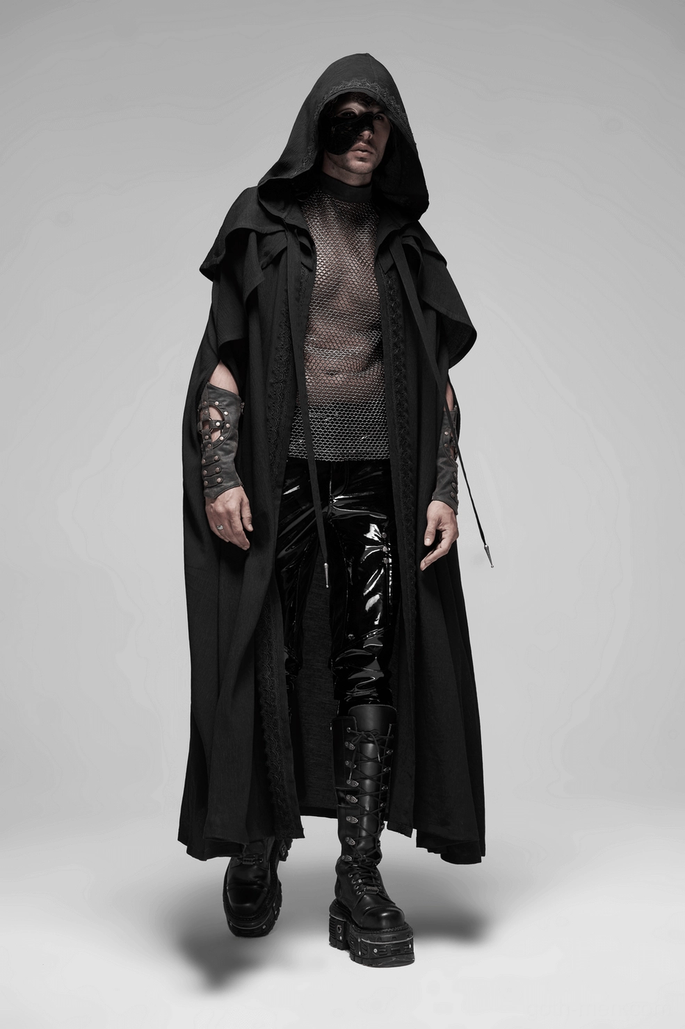 Studio product shot of men's gothic mesh tank showing complete design including mesh body, studs and zipper hardware