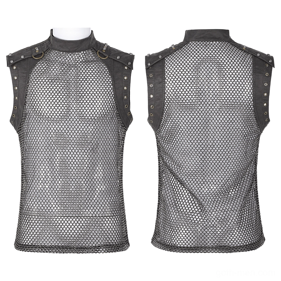 Front and back flat lay comparison of gothic mesh tank top with studded leather shoulders and stand collar