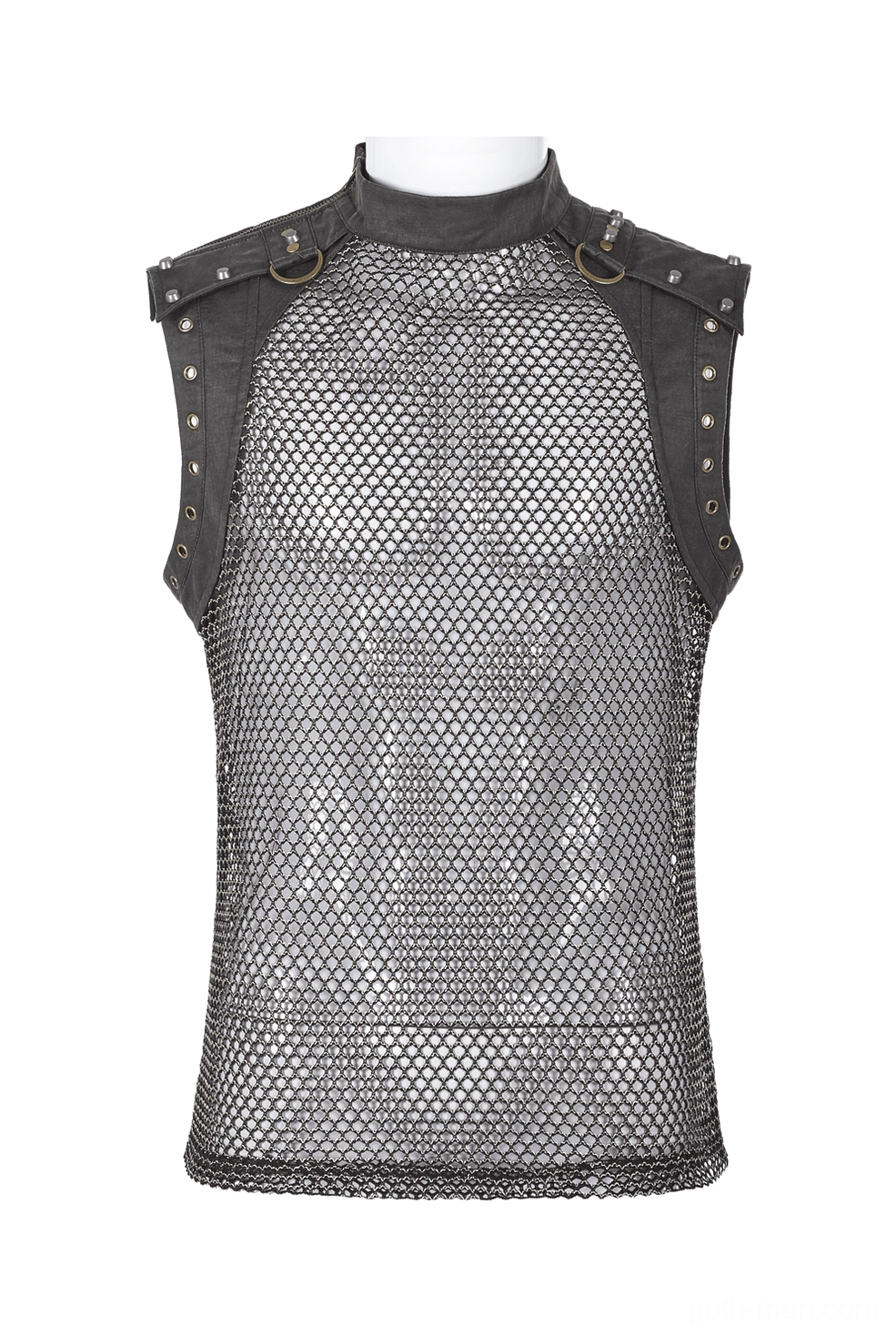 Front flat lay detail of men's gothic mesh tank top showing sleeveless design and studded neckline trim