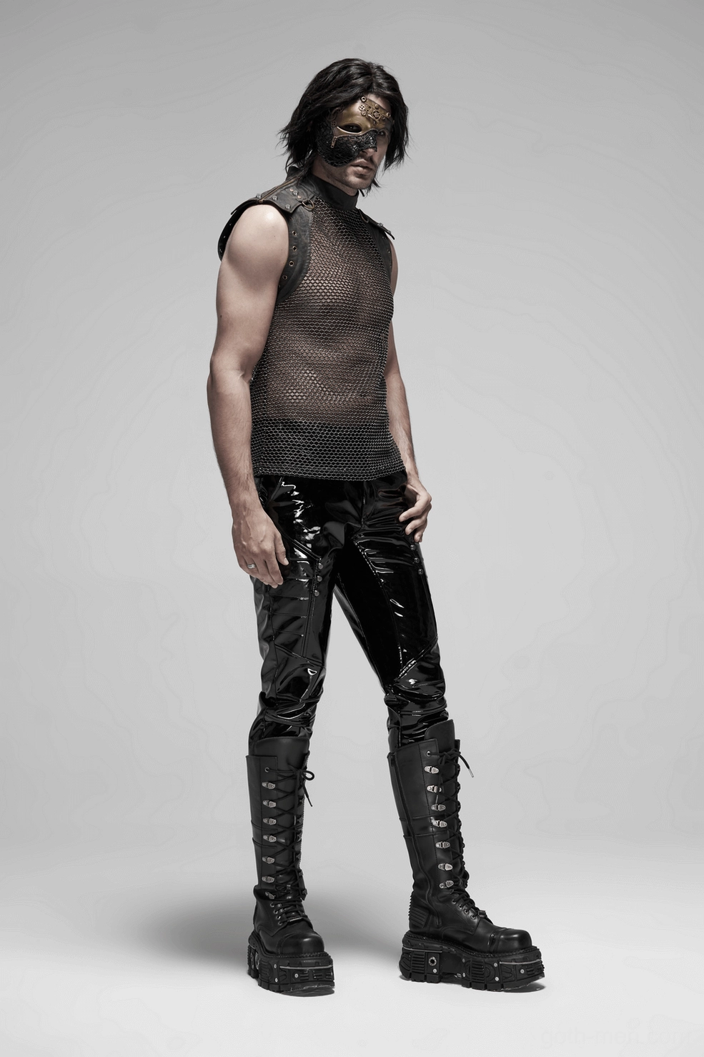 Full product view of men's gothic mesh sleeveless tank top in rich brown with architectural shoulder design