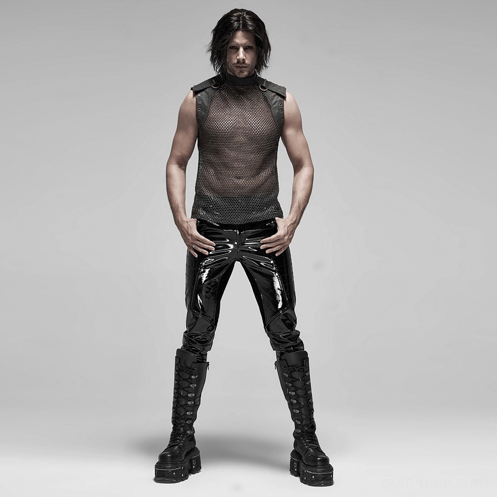 Detail photograph emphasizing the industrial aesthetic and construction quality of the gothic mesh tank top