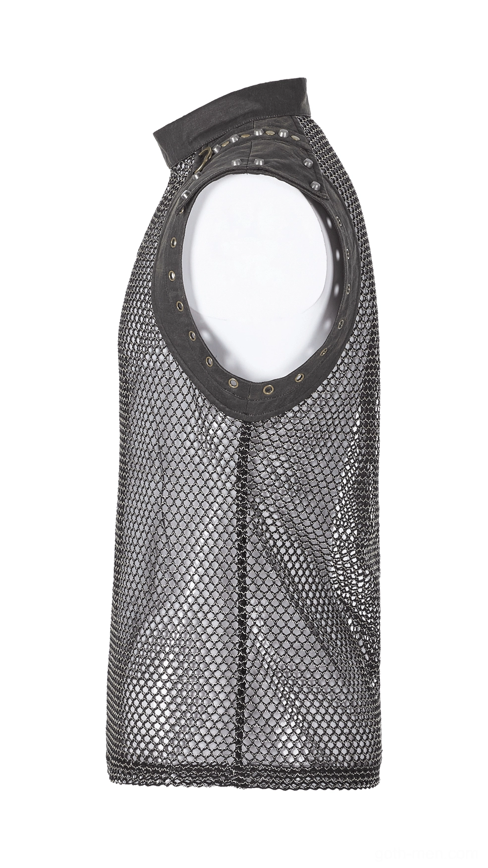 Left side view flat lay of gothic mesh tank top displaying full mesh fabric and studded collar details