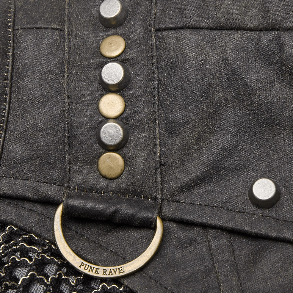 Close-up view of metal hardware details including stud buttons, branded D-ring and leather panel accents on gothic tank