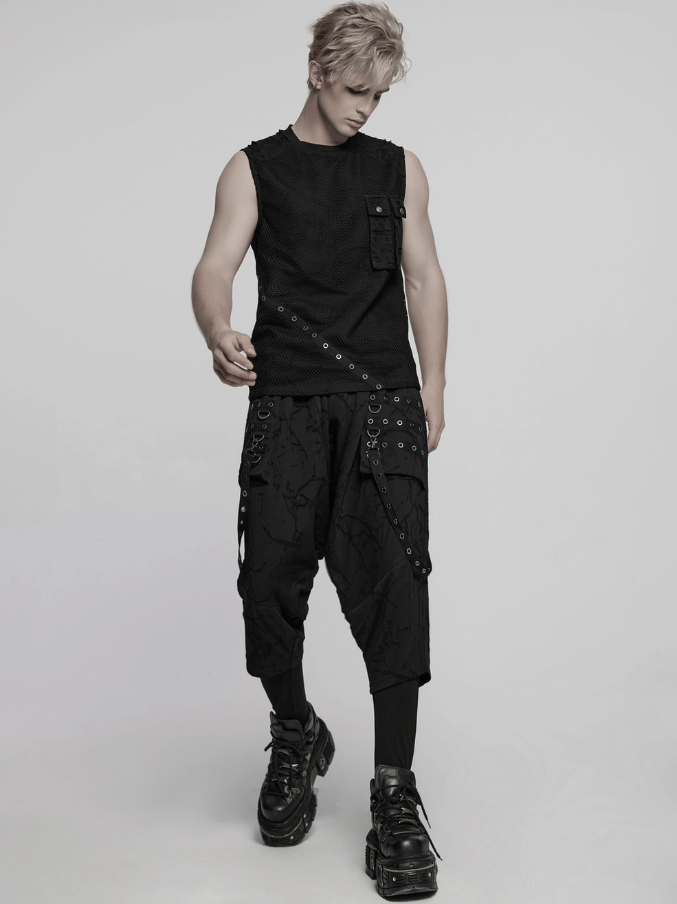 Black gothic mesh tank top authentic wear demonstration showing how tattered panels and eyelets look on body