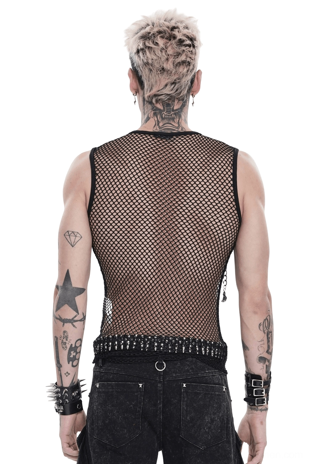Black mesh tank top back view showing sheer mesh construction, studded waist belt, and side chain details