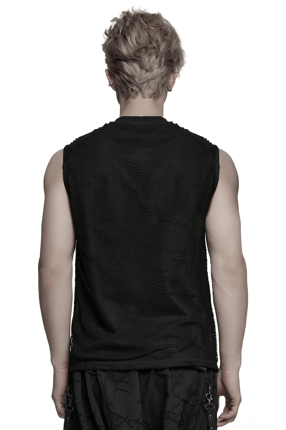 Black gothic mesh tank top rear view showing tattered mesh design and simple crew neckline on male model