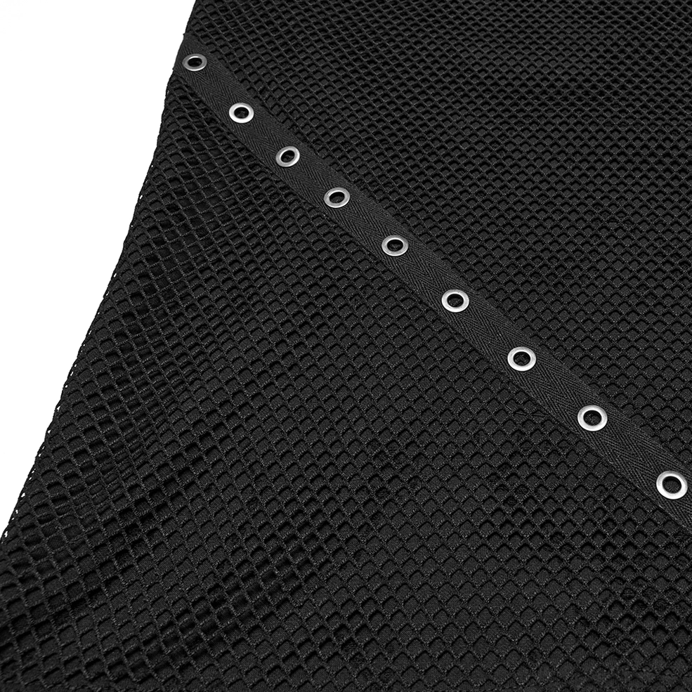 Close-up detail of black gothic mesh tank top eyelet grommet trim showing metal eyelets on mesh fabric base