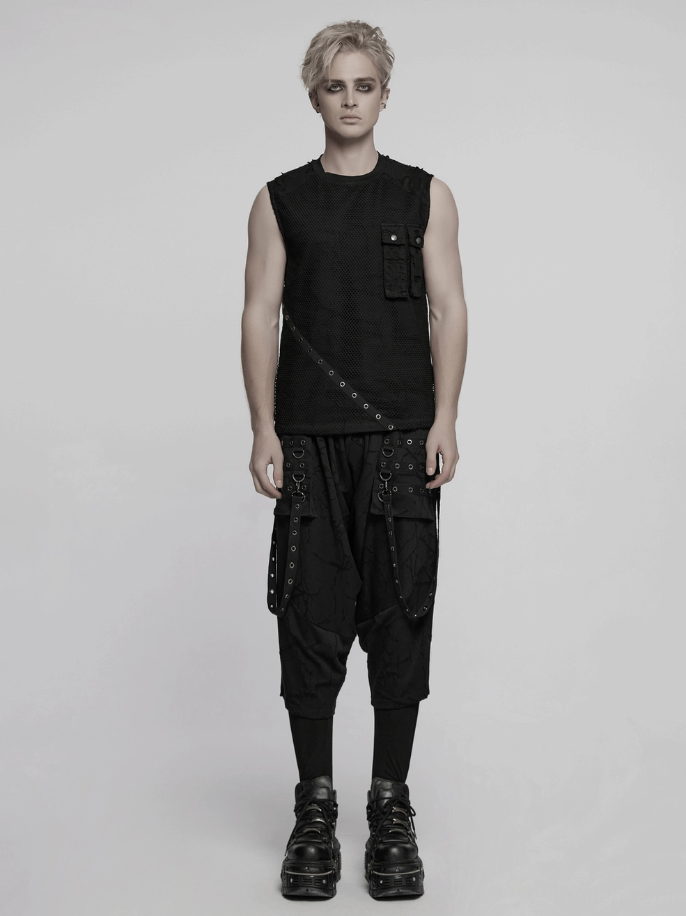 Black gothic mesh tank top size comparison flat lay showing fitted silhouette and proportional measurements