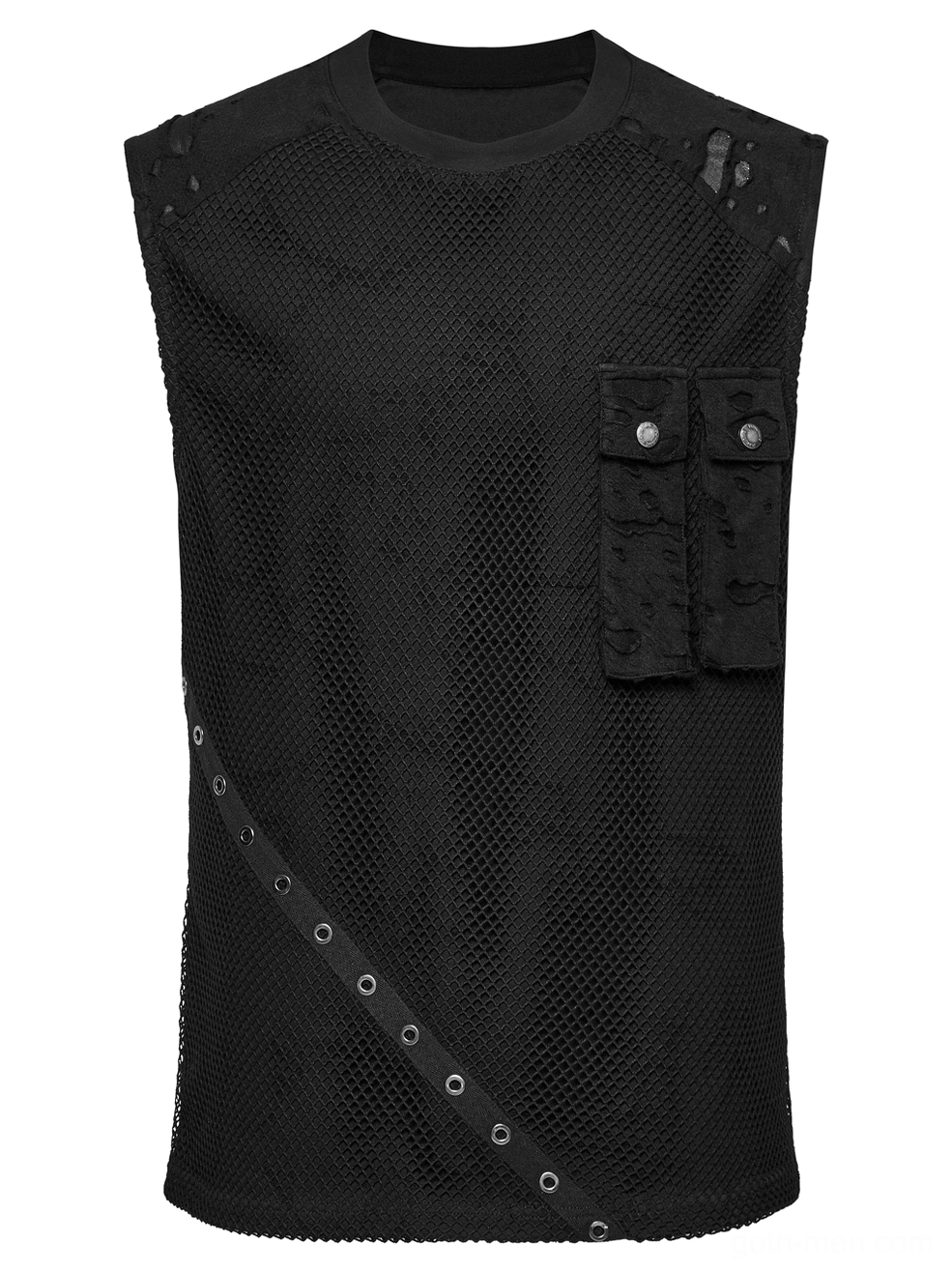Black gothic mesh tank top flat lay rear view showing solid mesh construction and crew neckline