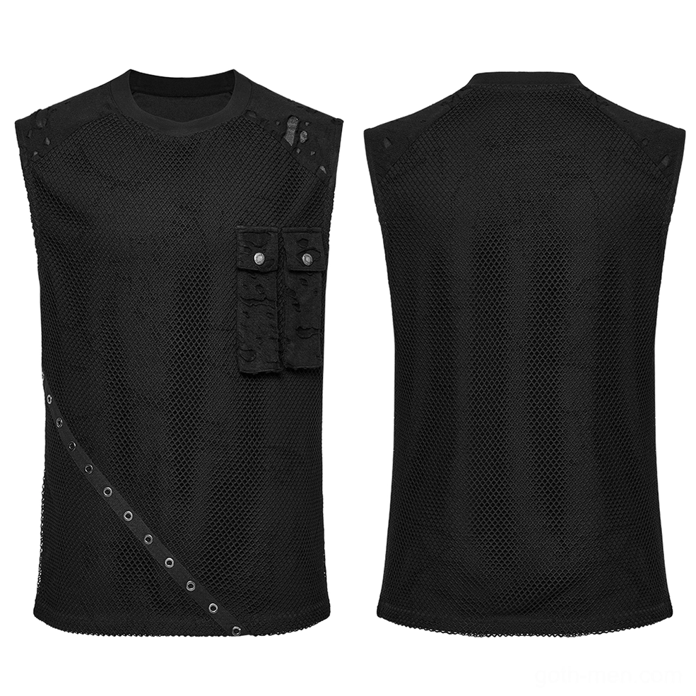 Black gothic mesh tank top flat lay front view displaying dual cargo pockets with snap buttons and diagonal grommet trim