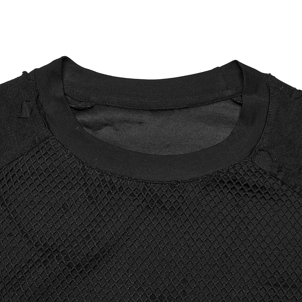 Close-up detail of gothic mesh tank top neckline featuring bound crew collar and tattered mesh fabric construction