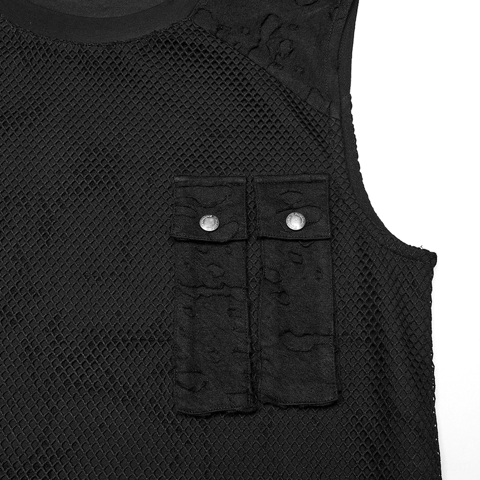 Close-up detail of black gothic mesh tank top cargo pocket showing snap-button flap closure and tattered fabric edge