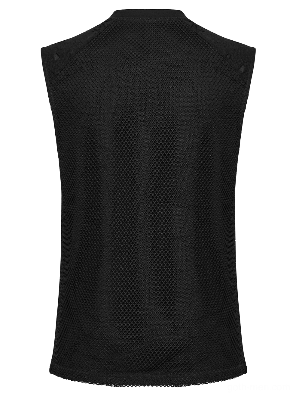 Black gothic mesh tank top rear flat lay showing simple crew neck design and plain mesh back construction