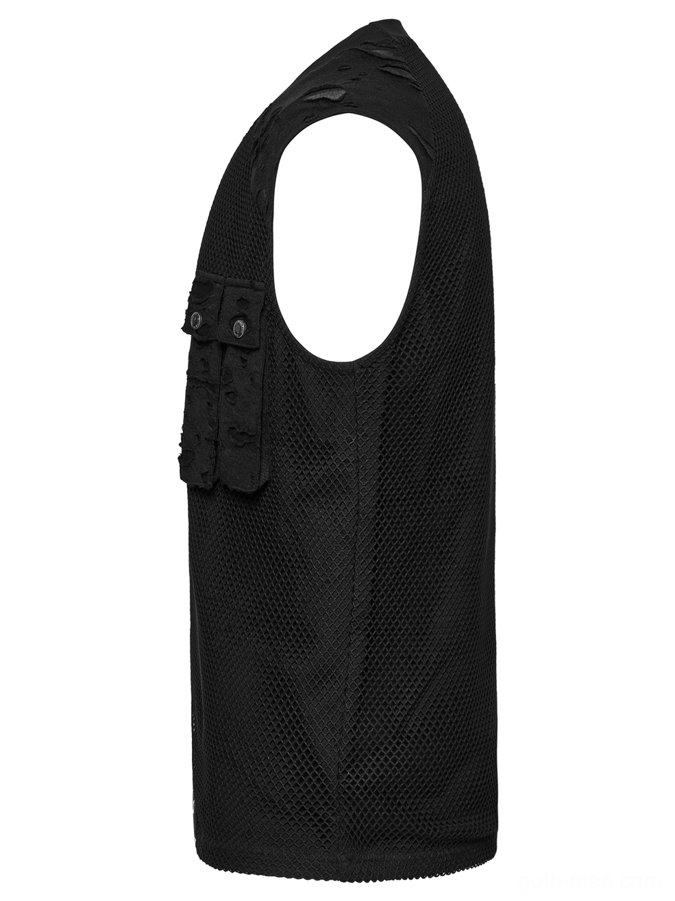 Black gothic mesh tank top side flat lay view showcasing front pocket detail and transparent mesh material