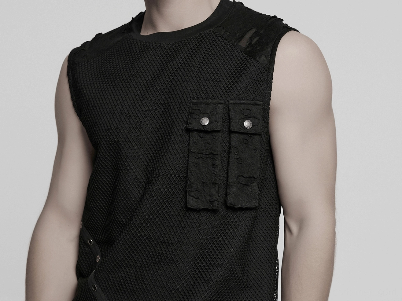 Black gothic mesh tank top styling shot featuring mesh transparency and layering potential with alternative fashion aesthetic