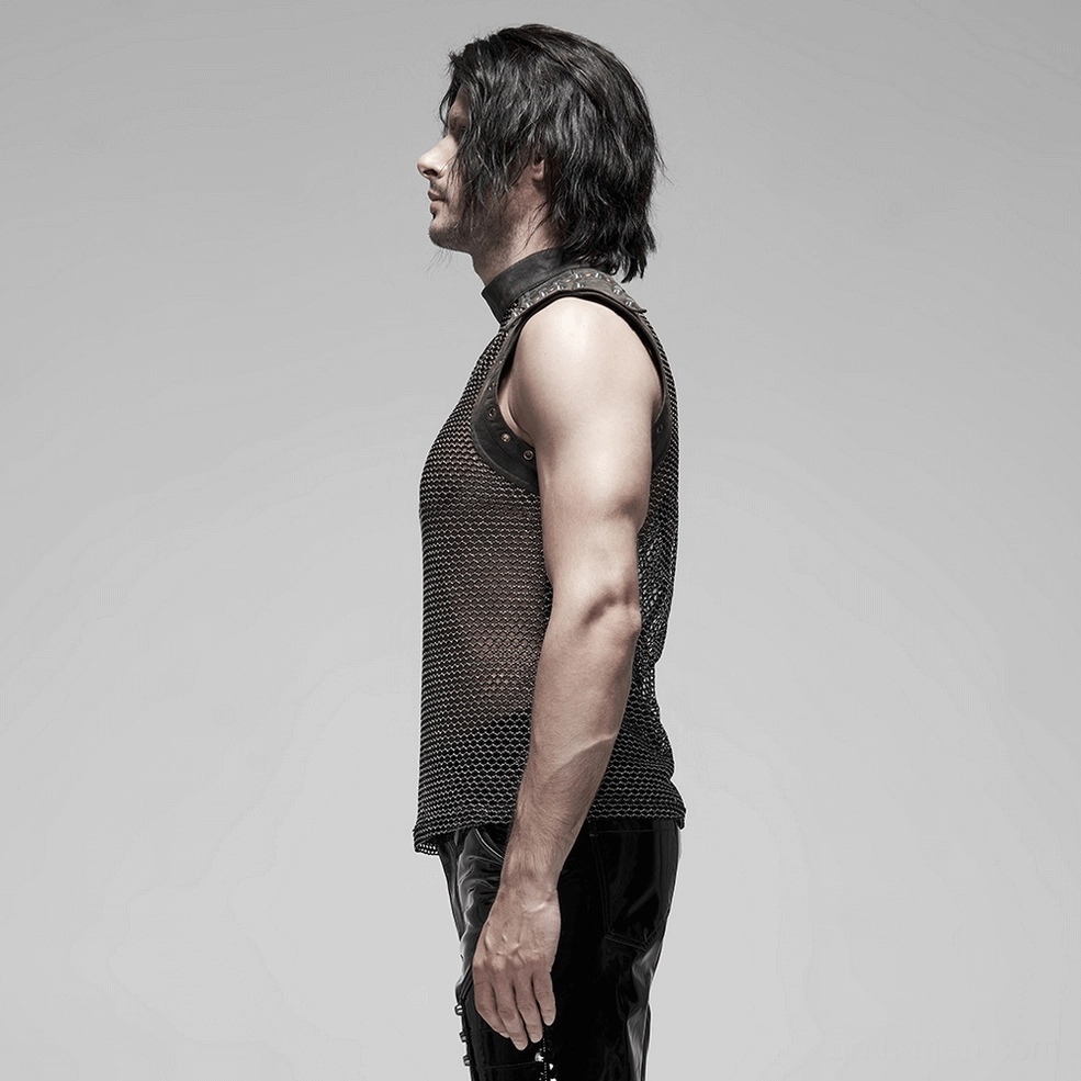 Styled shot of men's gothic mesh tank top with alternate lighting highlighting mesh transparency and metal accents