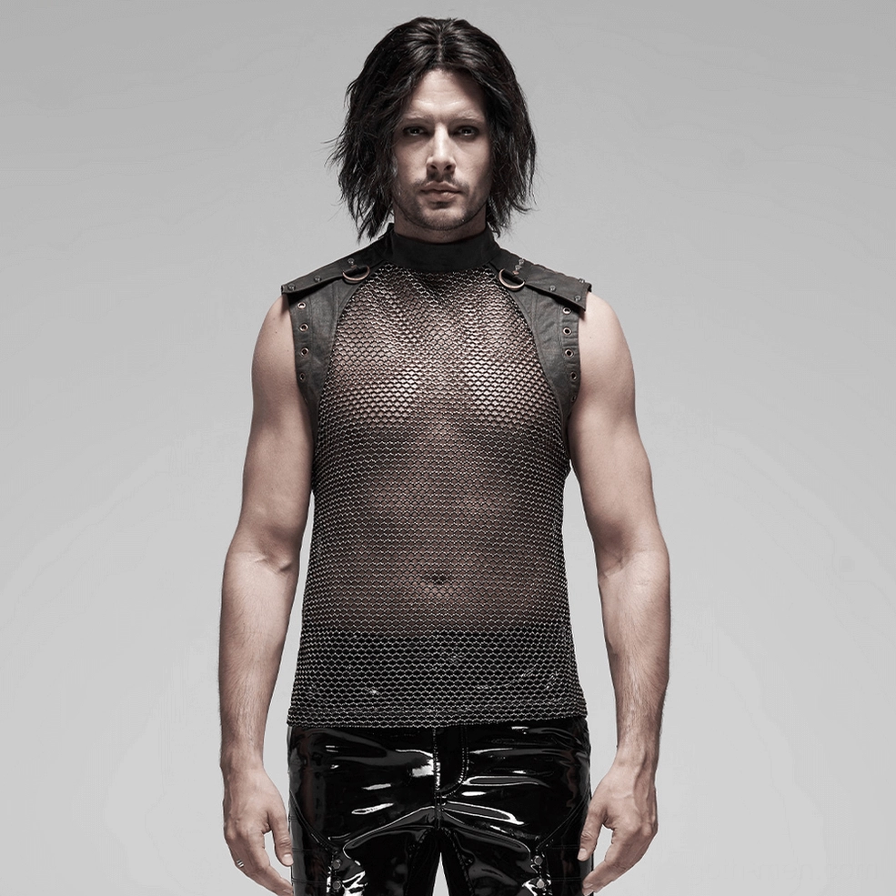 Product photography of gothic mesh tank top displaying zipper collar detail and industrial aesthetic design elements