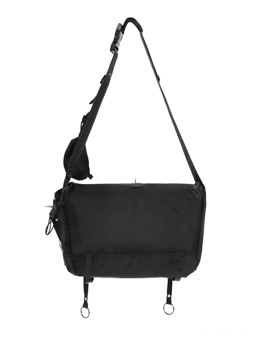 Rear flat view of gothic crossbody bag showing plain black nylon backing and bottom hanging D-rings