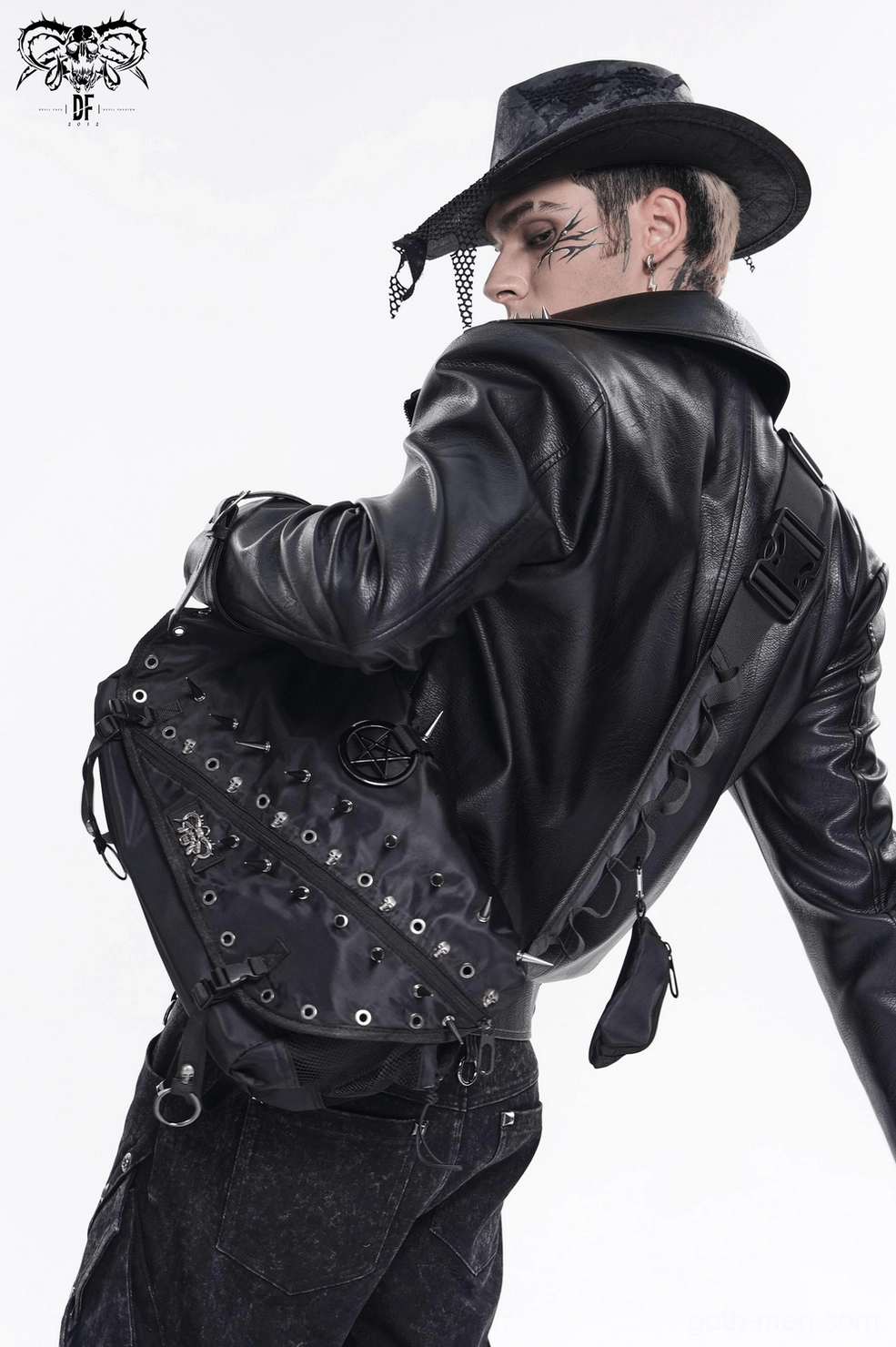 Interior and exterior view combination of black gothic messenger bag showing functionality