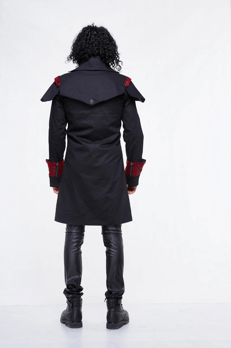 Full view of black and red gothic slim fit stand collar cape coat from front-facing angle on white background, alternative angle