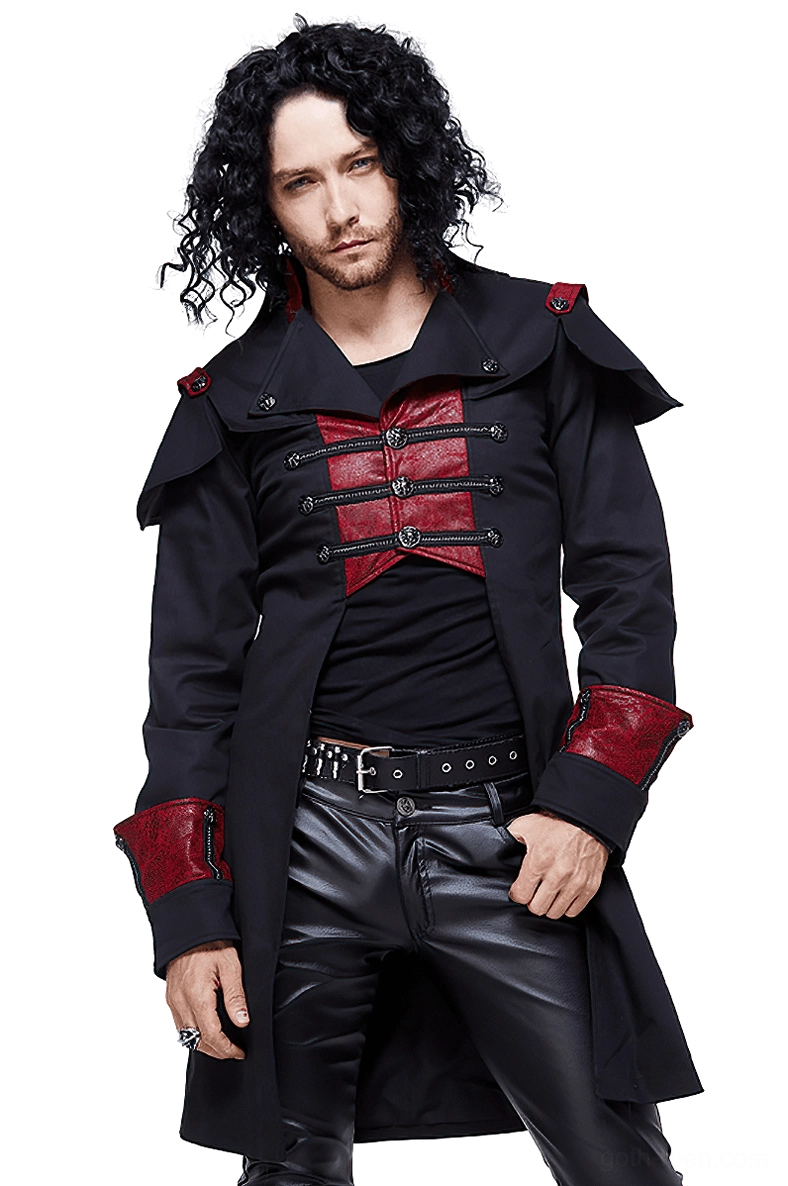 Black and red slim fit gothic military cape coat front view on male model, stand collar design with metal toggle buttons and red shoulder accent straps