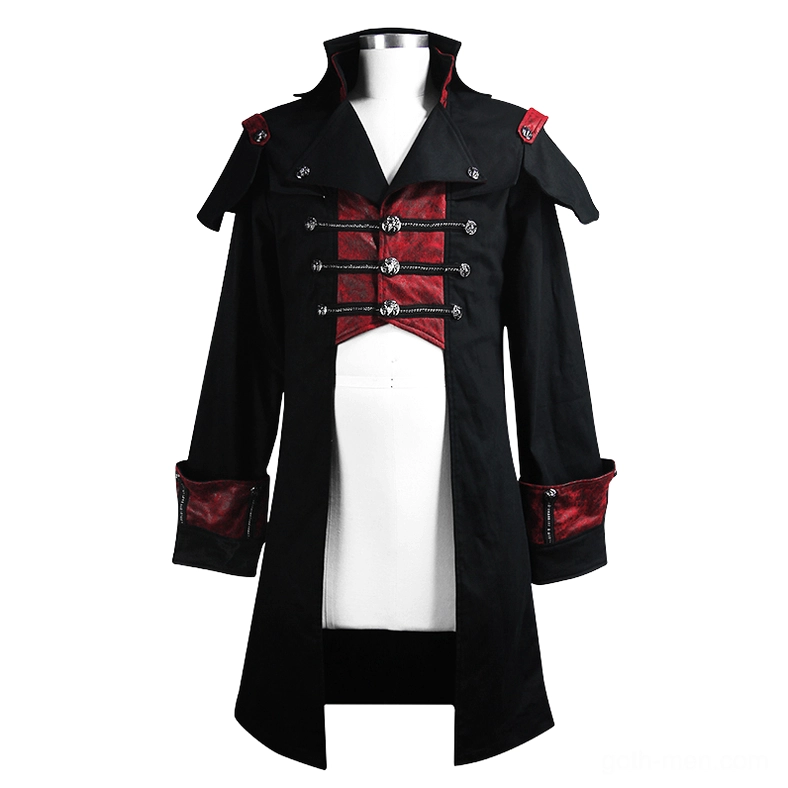 Black military-inspired gothic cape coat stand collar displayed on mannequin, featuring red shoulder pads and slim fit tailoring