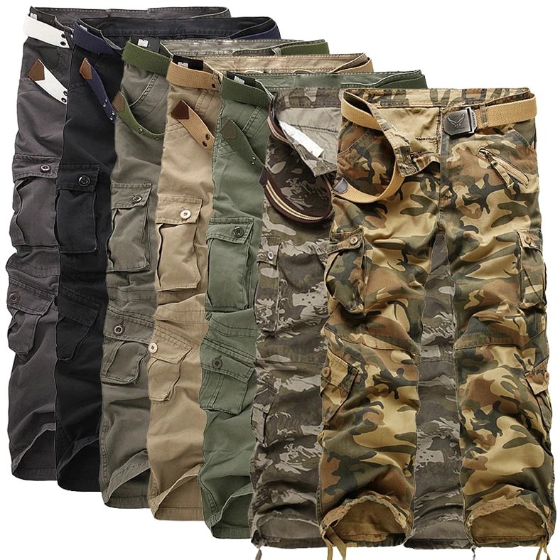 Multiple gothic cargo pants collection display featuring assorted colors with matching belts - military straight leg trousers