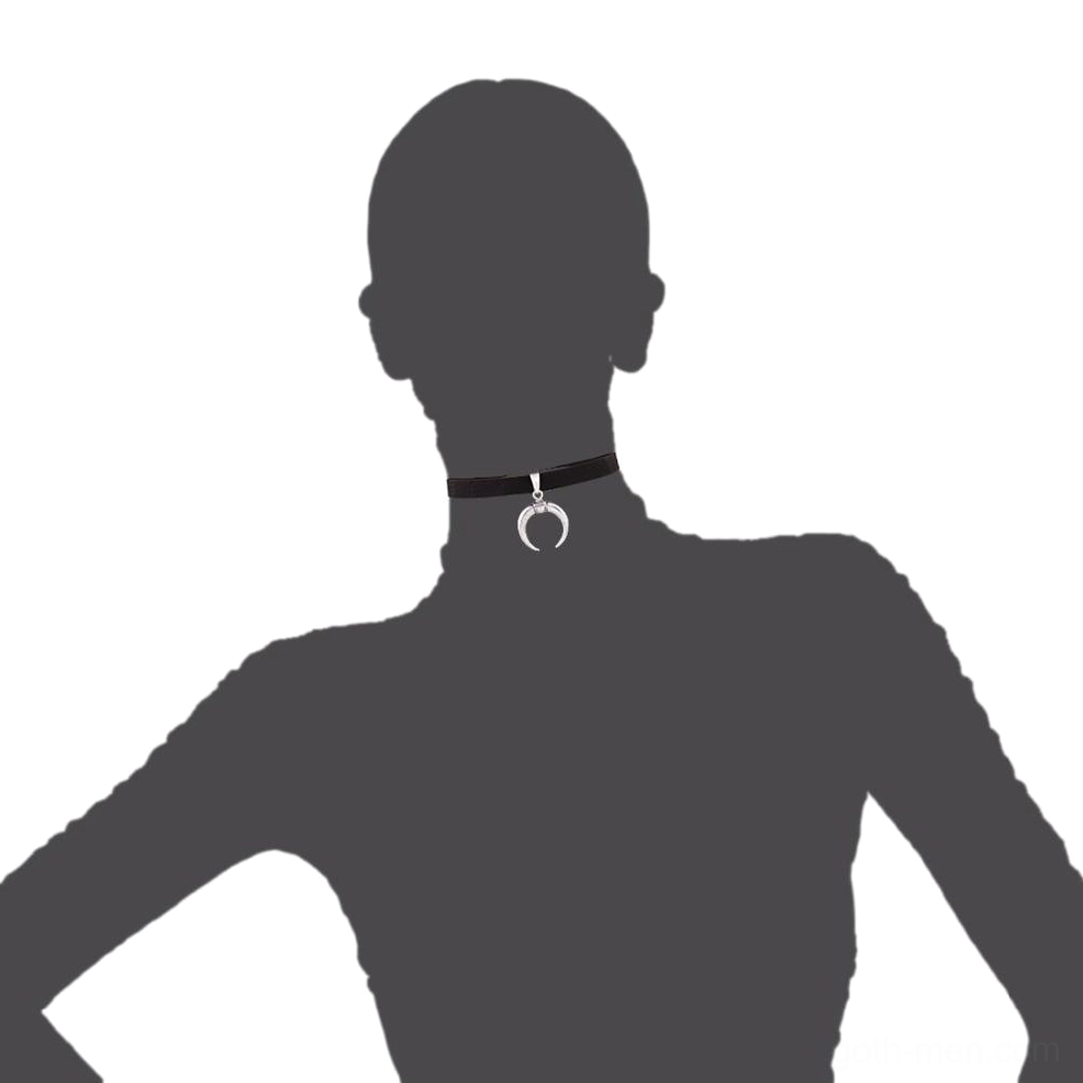 Black velvet choker displayed on mannequin showing secure pendant attachment and fit - gothic moon charm necklace