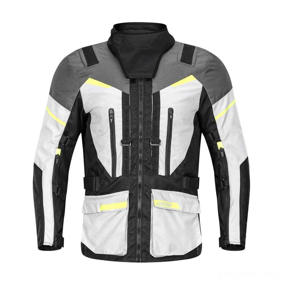 Gothic moto armor waterproof jacket front view black with neon yellow reflective stripes