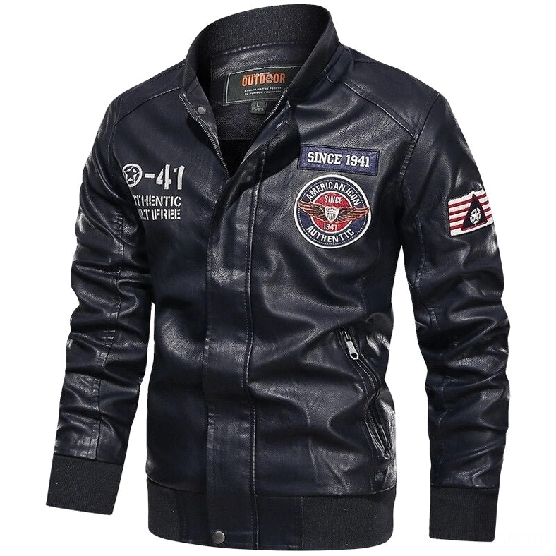 Gothic moto PU leather jacket front view with embroidered badges and patches - men's biker style