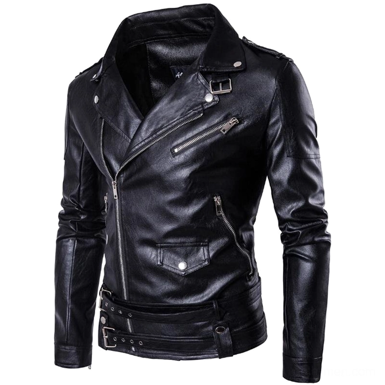 Gothic leather biker jacket three-quarter view showing shoulder buckle straps and front flap pocket details