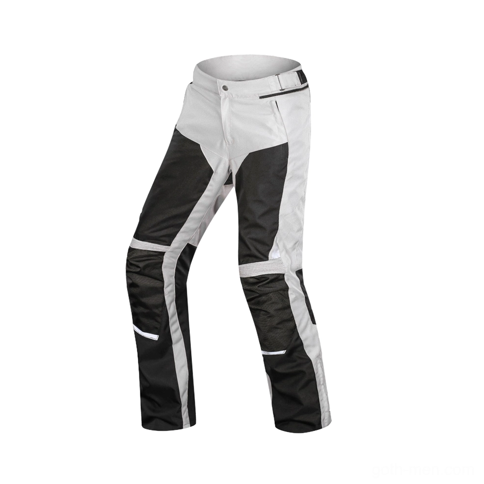 Single gothic motorcycle pant left side view with reinforced knee and adjustable waistband