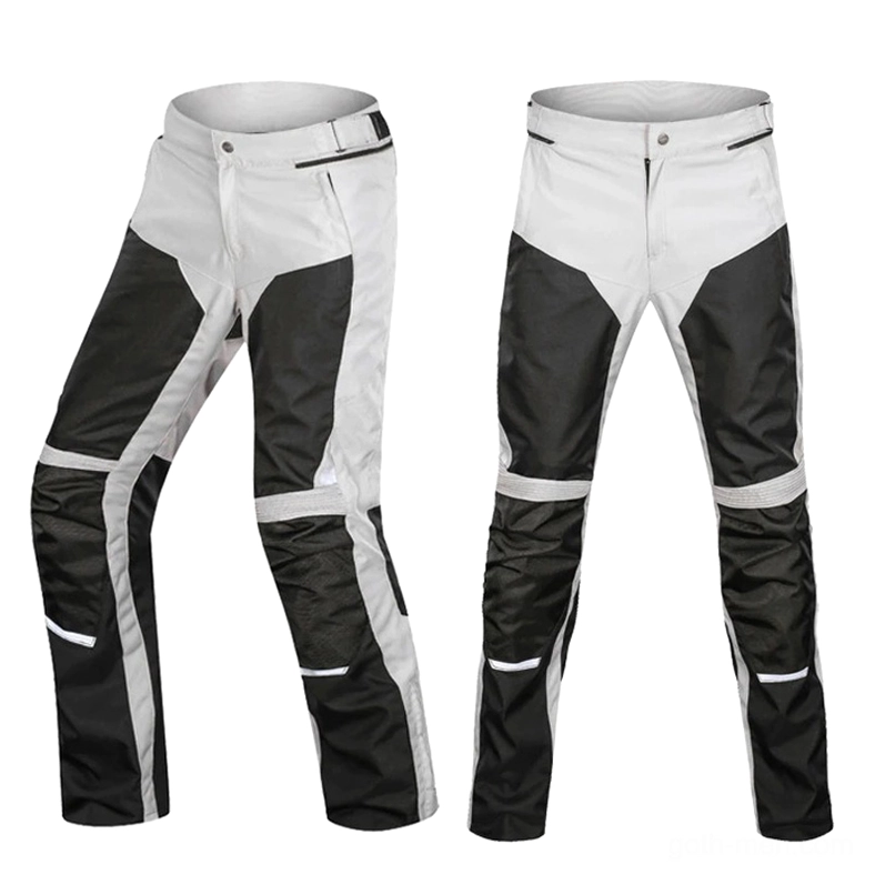 Gothic motorcycle riding pants side view with reinforced knee panels and reflective trim