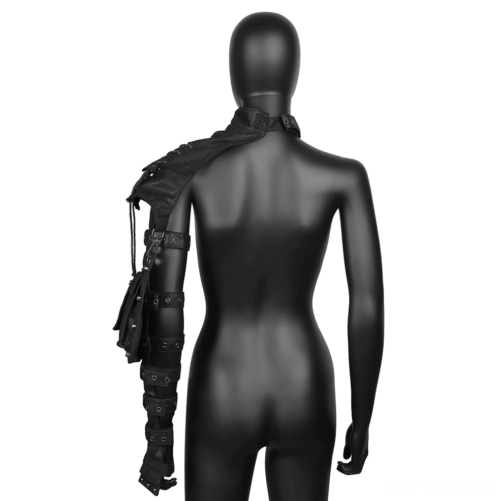 Back view of black gothic shoulder bag showing multi-buckle arm straps and reinforced stitching on mannequin