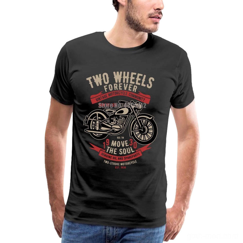 Men's Gothic Motorcycle T-Shirt with Vintage Biker Graphic - Black Cotton Crew Neck, Front View on Model