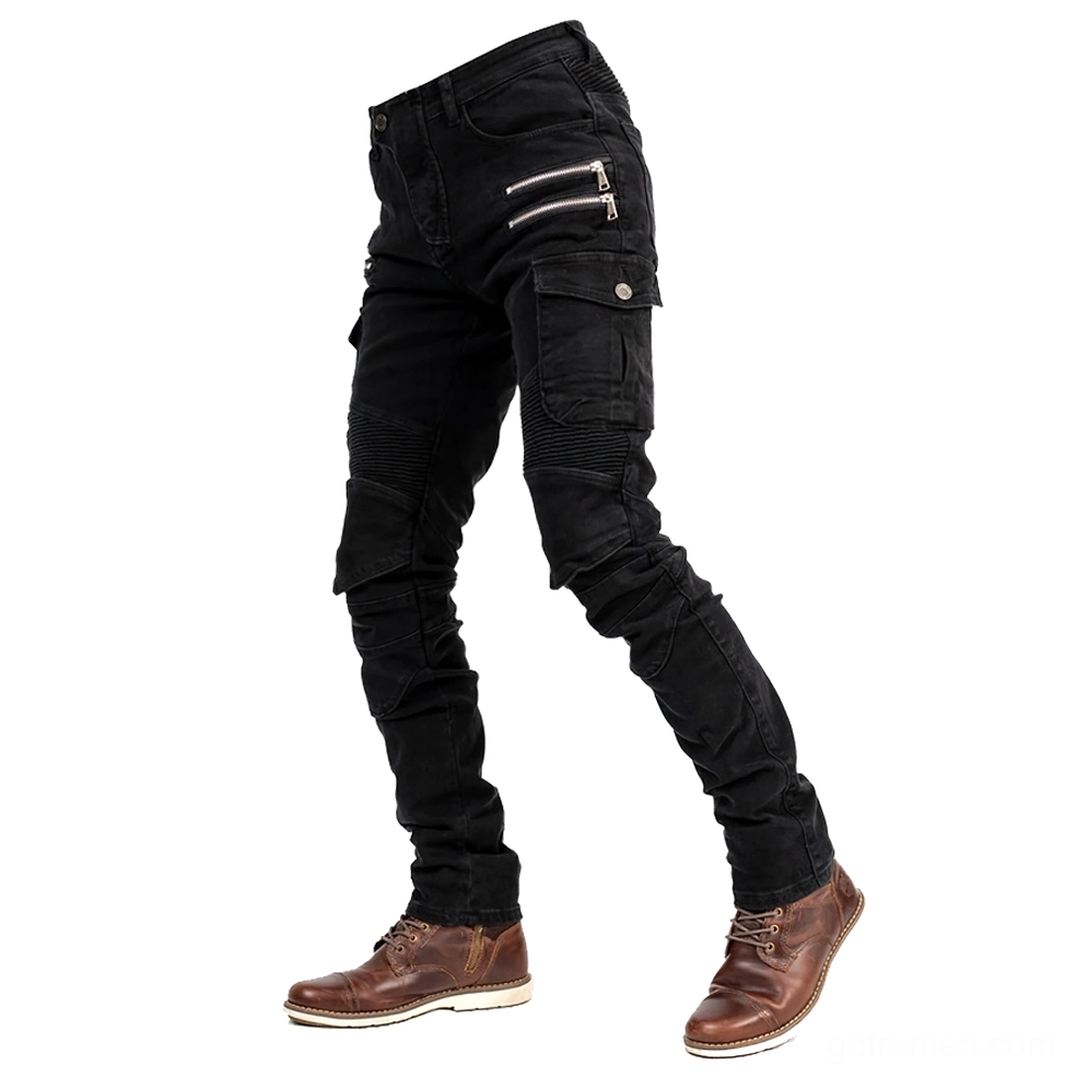Black slim-fit gothic motorcycle pants side front view with strategic zipper pockets