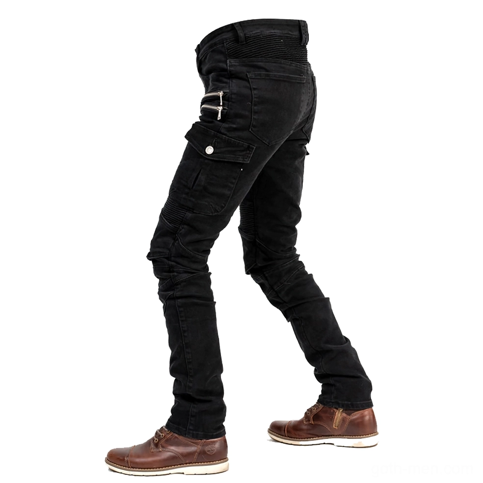 Black tailored gothic motorcycle riding pants side rear view with cargo pocket design