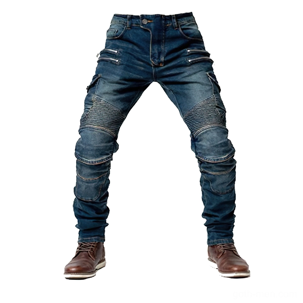 Blue wash gothic motorcycle denim cargo pants front view with multi-pockets and knee pleats