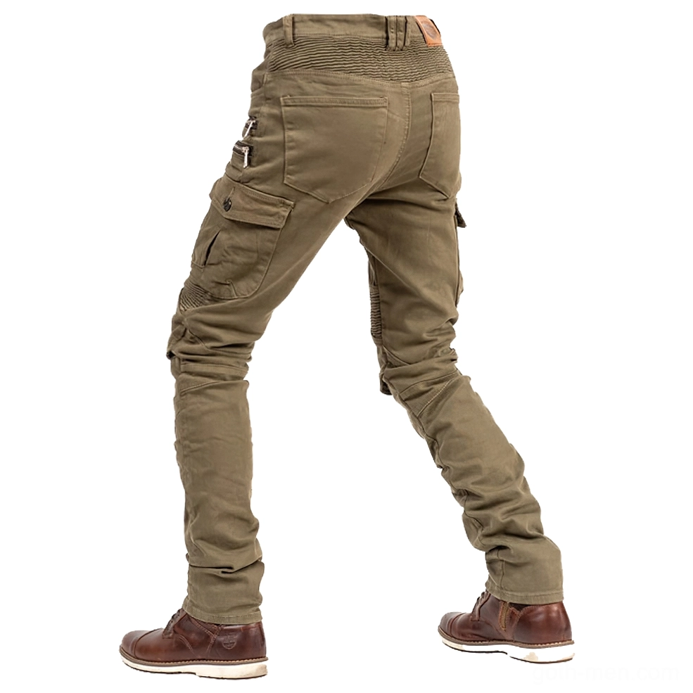 Gothic motorcycle cargo pants full body view showcasing slim-fit silhouette and cargo design