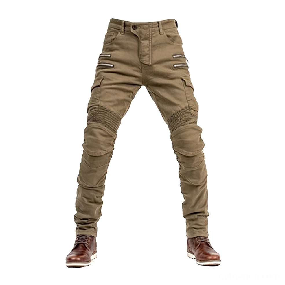 Khaki industrial gothic motorcycle riding pants front view with zipper pockets and pleated knees