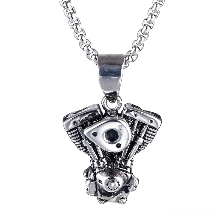 Gothic motorcycle engine pendant necklace front view, silver stainless steel twin-cylinder design, detailed mechanical texture