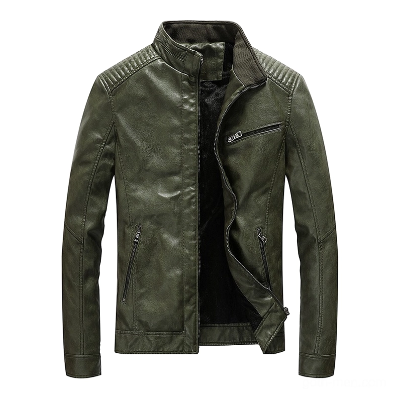 Army green PU leather motorcycle jacket flat lay front open view, displaying zippered pockets and quilted shoulders, military goth style