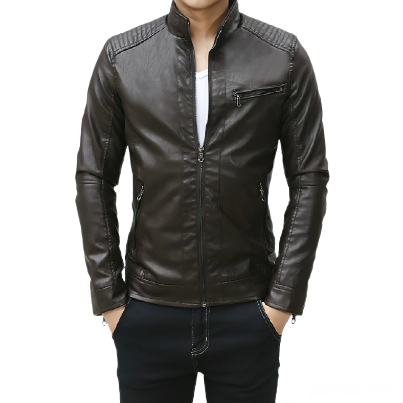 Men's gothic stand collar PU leather motorcycle jacket worn by male model, dark brown finish with multi-zipper design and quilted shoulder details, front three-quarter view